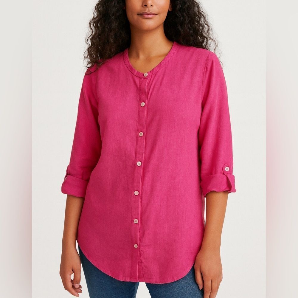 Flax Linen Button Front Pink Top Size M Long Sleeve Roll Tab Casual Shirt